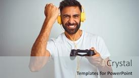  Presentation with video game - Cool new PPT theme with arab-indian-gamer-man-playing backdrop and a light gray colored foreground