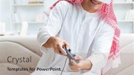  Presentation with video - Theme having arab man addicted to video games background and a coral colored foreground