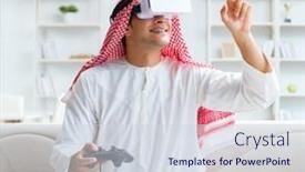  Presentation with video - Beautiful PPT layouts featuring arab-man-addicted-to-video backdrop and a sky blue colored foreground