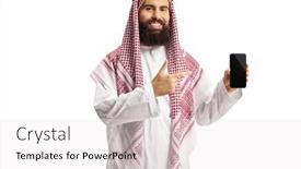  Presentation with smartphone - Colorful PPT layouts enhanced with arab-man-holding-a-smartphone backdrop and a white colored foreground