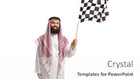  Presentation with checkered flag - Cool new slide deck with arab-man-in-a-thobe backdrop and a white colored foreground