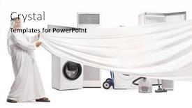  Presentation with home appliances - PPT layouts having arab-man-in-traditional-robe background and a white colored foreground