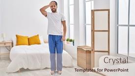  Presentation with weight loss - Presentation design featuring arab-man-looking-at-weight background and a soft green colored foreground