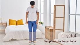  Presentation with weight loss - PPT theme with arab-man-looking-at-weight background and a soft green colored foreground