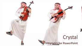  Presentation with arab - Slide set enhanced with arab man playing cello isolated background and a sky blue colored foreground