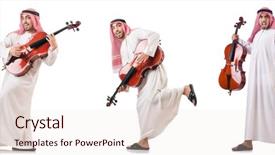  Presentation with arab - Colorful presentation design enhanced with arab man playing cello isolated backdrop and a lemonade colored foreground