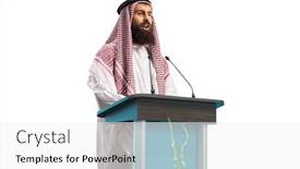  Presentation with speaker - Slide deck featuring arab-man-speaker-giving background and a white colored foreground