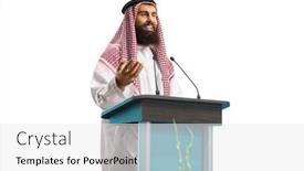  Presentation with speaker - Cool new PPT theme with arab-man-speaker-giving backdrop and a white colored foreground