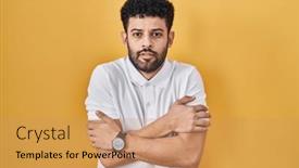  Presentation with sad - Slide deck having arab-man-standing-over-yellow background and a coral colored foreground