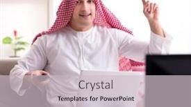  Presentation with arab - Amazing PPT theme having arab man watching tv at home backdrop and a light gray colored foreground