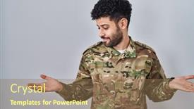  Presentation with comparison - Presentation design consisting of arab-man-wearing-camouflage-army background and a coral colored foreground