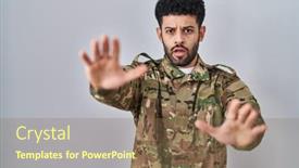  Presentation with army - PPT theme enhanced with arab-man-wearing-camouflage-army background and a violet colored foreground