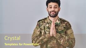  Presentation with praying hands - PPT theme with arab-man-wearing-camouflage-army background and a coral colored foreground