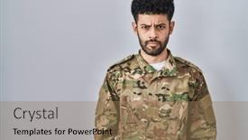  Presentation with army - PPT theme enhanced with arab-man-wearing-camouflage-army background and a coral colored foreground