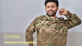  Presentation with army - PPT theme with arab-man-wearing-camouflage-army background and a coral colored foreground