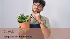  Presentation with hand holding plant - Presentation theme featuring arab-man-with-beard-holding background and a coral colored foreground