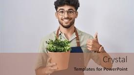  Presentation with hand holding plant - PPT theme enhanced with arab-man-with-beard-holding background and a coral colored foreground