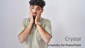  Presentation with sadness - Presentation theme enhanced with arab-man-with-beard-standing background and a light gray colored foreground