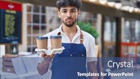  Presentation with restaurant waiter - PPT theme with arab-man-with-beard-wearing background and a ocean colored foreground