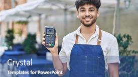  Presentation with restaurant waiter - Slide deck having arab-man-with-beard-wearing and a ocean colored foreground