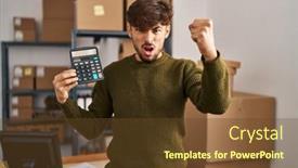  Presentation with business calculator - Slides featuring arab-man-with-beard-working background and a  colored foreground