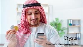  Presentation with cryptocurrency - Slides with arab man with bitcoin background and a light blue colored foreground