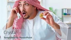  Presentation with mining - Colorful presentation design enhanced with arab man with bitcoin in cryptocurrency mining concept backdrop and a sky blue colored foreground
