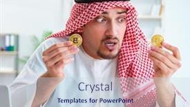  Presentation with mining - Cool new slide deck with arab-man-with-bitcoin backdrop and a sky blue colored foreground