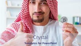  Presentation with cryptocurrency - Colorful PPT theme enhanced with arab-man-with-bitcoin backdrop and a sky blue colored foreground