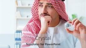  Presentation with mining - Theme having arab-man-with-bitcoin background and a light blue colored foreground