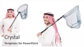  Presentation with net - Amazing PPT layouts having arab man with catching net isolated on white backdrop and a white colored foreground