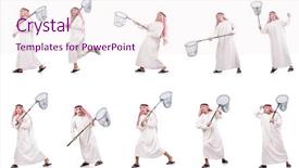  Presentation with net - Amazing presentation theme having arab man with catching net isolated on white backdrop and a sky blue colored foreground