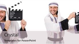  Presentation with clapper - Presentation enhanced with arab man with clapper-board background and a soft green colored foreground
