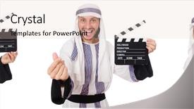 Presentation with clapper - Colorful presentation enhanced with arab man with clapper-board backdrop and a soft green colored foreground