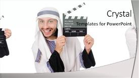  Presentation with clapper - Presentation theme featuring arab man with clapper-board background and a cool aqua colored foreground