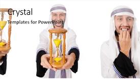  Presentation with glass - Audience pleasing PPT layouts consisting of arab man with hour-glass backdrop and a cream colored foreground