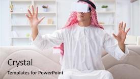  Presentation with virtual reality physical therapy - Beautiful slide set featuring arab man with virtual reality backdrop and a light gray colored foreground