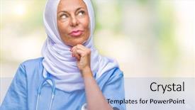  Presentation with nurse thinking - Audience pleasing presentation consisting of arab nurse woman wearing hijab backdrop and a light blue colored foreground