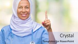  Presentation with nursing to nurse communication - PPT theme with arab nurse woman wearing hijab background and a light blue colored foreground
