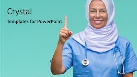 Presentation with nursing to nurse communication - PPT theme with arab nurse woman wearing hijab background and a seafoam green colored foreground