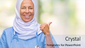  Presentation with nursing to nurse communication - Slides having arab nurse woman wearing hijab background and a  colored foreground