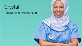  Presentation with nurse - Cool new PPT theme with arab nurse woman wearing hijab backdrop and a seafoam green colored foreground
