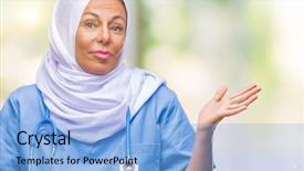  Presentation with nurse - PPT theme with arab nurse woman wearing hijab background and a  colored foreground