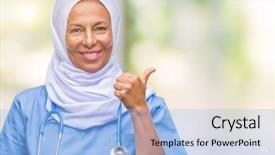  Presentation with nursing to nurse communication - Cool new presentation theme with arab nurse woman wearing hijab backdrop and a light blue colored foreground
