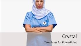  Presentation with nursing to nurse communication - Audience pleasing PPT theme consisting of arab nurse woman wearing hijab backdrop and a  colored foreground