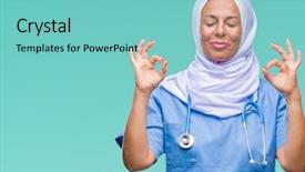  Presentation with disaster nurse - Presentation design featuring arab nurse woman wearing hijab background and a  colored foreground