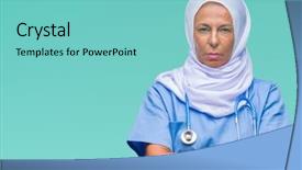  Presentation with nursing to nurse communication - Presentation theme enhanced with arab nurse woman wearing hijab background and a  colored foreground