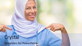  Presentation with nurse - PPT theme with arab nurse woman wearing hijab background and a  colored foreground