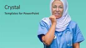  Presentation with stressed nurse - Slides having arab nurse woman wearing hijab background and a seafoam green colored foreground