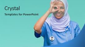  Presentation with nursing to nurse communication - Slide deck having arab nurse woman wearing hijab background and a  colored foreground